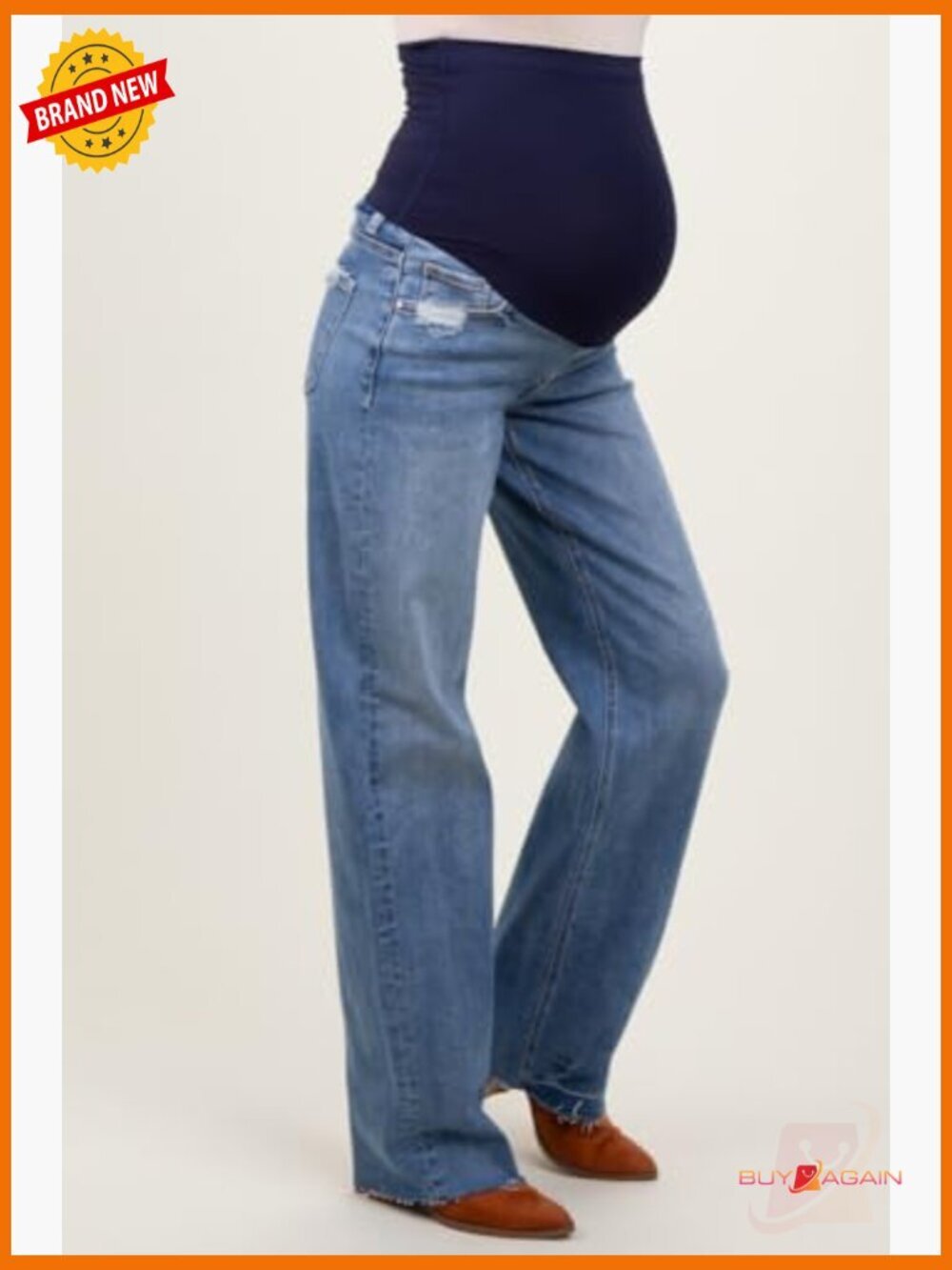 Vintage Wash Raw Hem Wide Leg Maternity Jeans Mid Rise Loose Fit Stretch Cotton - Picture 3 of 4
